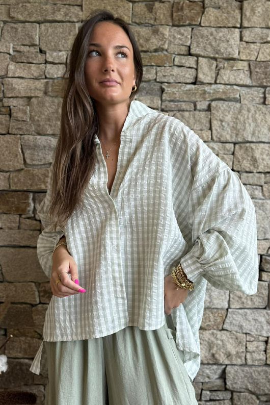 Ginny Gingham Balloon Sleeve Blouse Soft Sage